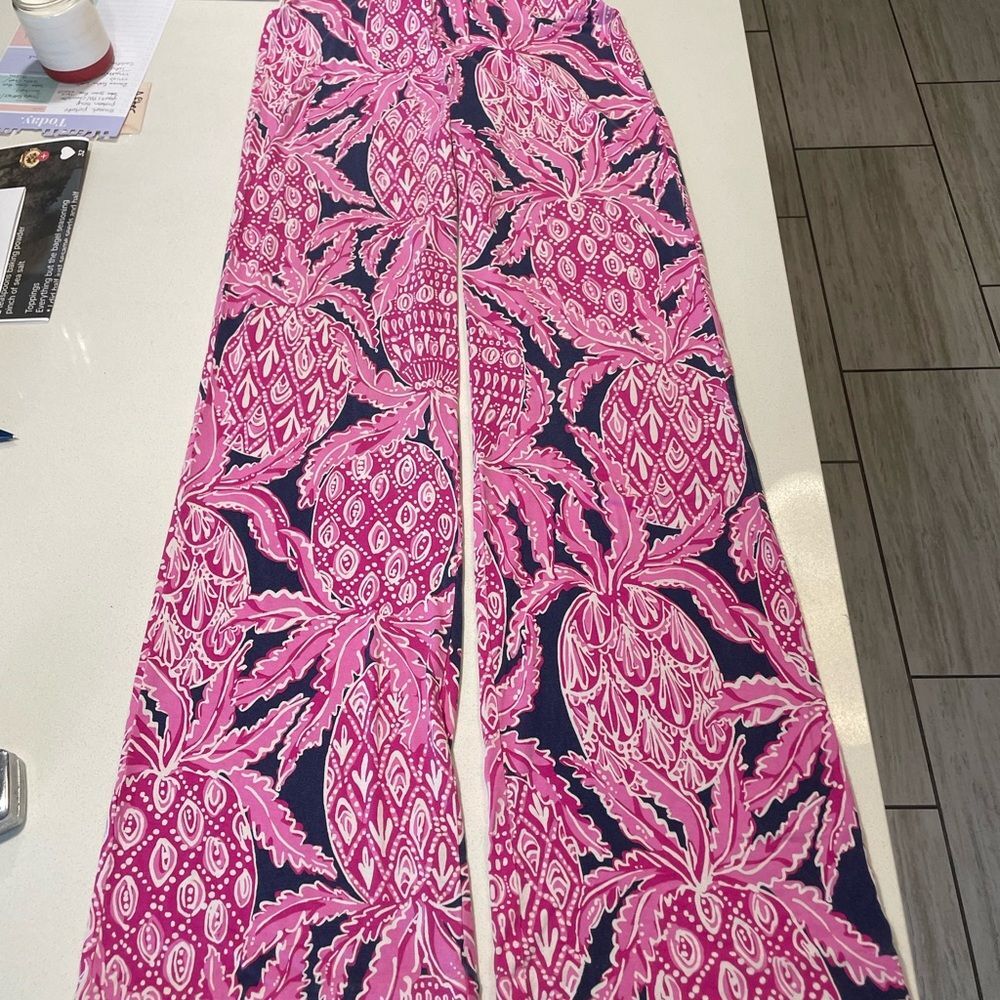 Lilly Pulitzer Pink Pineapple Print Palazzo Pull on elastic waist Pants size XS!